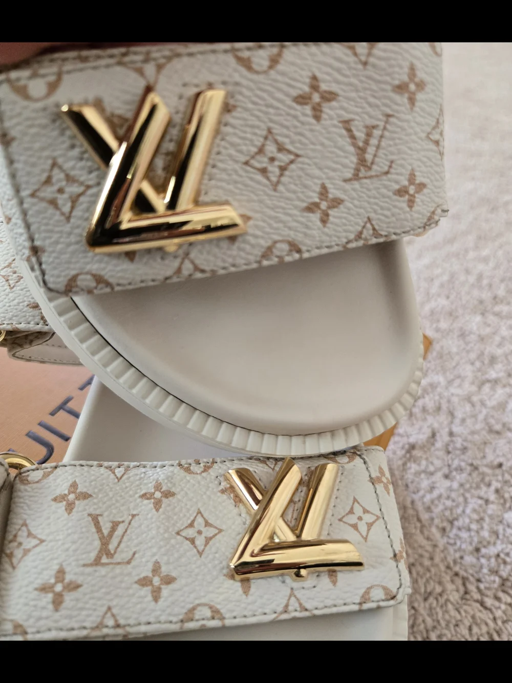 Louis Vuitton Cream Monogram Womens Sandals with Gold LV Hardware